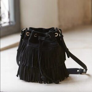 Sezane Black Suede Fringe Bourse -- Folk Maroquinerie Bucket Bag
